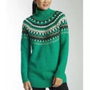 J. Jill Sweater L Alpine Fair Isle Mock Neck Green Wool Blend Cabincore Jumper
